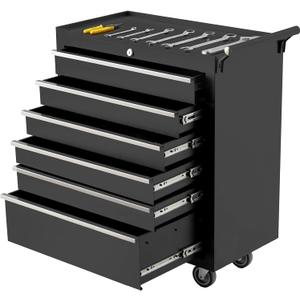 PeakPursuit 24-inch, 6-Drawer Rolling Tool Chest, with Lock System, Portable Tool Box with Wheels, Secure Storage Cabinet for Warehouse, Workshop, and Repair Shop, Black