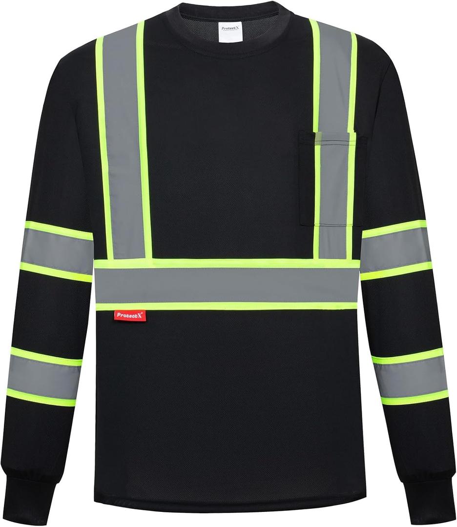 ProtectX High Visibility Long Sleeve Shirts Reflective Hi Vis Safety Shirt for Men Women Class 2-3 Construction Shirt 1 Pack (Large, Black Long)