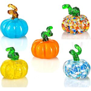 5 Pcs Blown Glass Pumpkin Figurines Collectibles, Small Crystal Glass Art Pumpkin Ornament for Halloween Thanksgiving Fall Home Decoration (Multicolor)