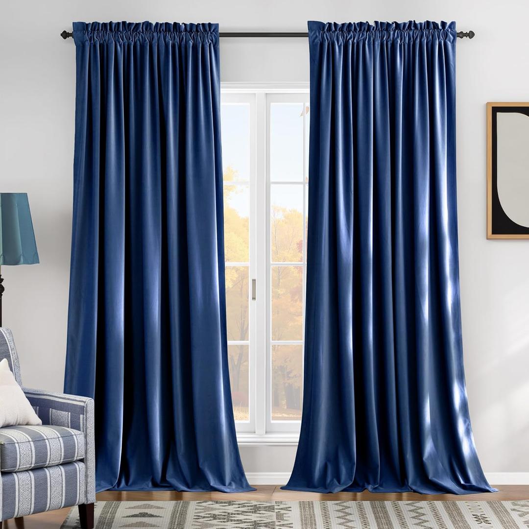 NICETOWN Blue Velvet Curtain Panels 84 inch Long, Luxury Rod Pocket Window Treatment Elegant Velvet Curtains for Living Room/Bedroom/Home Theatre (1 Pair, W52 x L84)