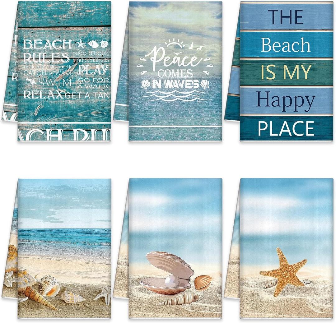 Mixweer 6 Pcs Summer Beach Kitchen Towels Nautical Coastal Hand Towel Fishing Ocean Animal Dish Cloths 16 x 24 Inch Sea Turtle Absorbent Tea Dishcloth for Home Bathroom Kitchen Decor(Blue,Ocean)