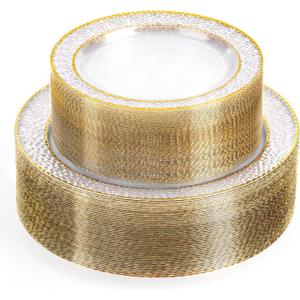 100PCS Clear Plastic Plates, Heavy Duty Disposable Plastic Plate with Gold Rim, Elegant 50 Dinner and 50 Dessert Plates for Wedding and Party