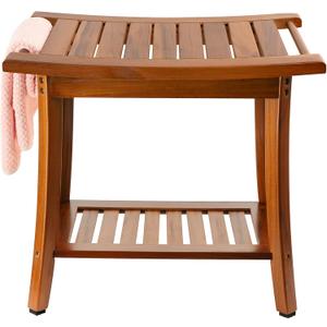 Utoplike Teak Shower Bench Seat with Handles, Portable Wooden Spa Bathing Stool with Storage Towel Shelf, 22" x 13" x 18.6", Perfect for Indoor and Outdoor Use