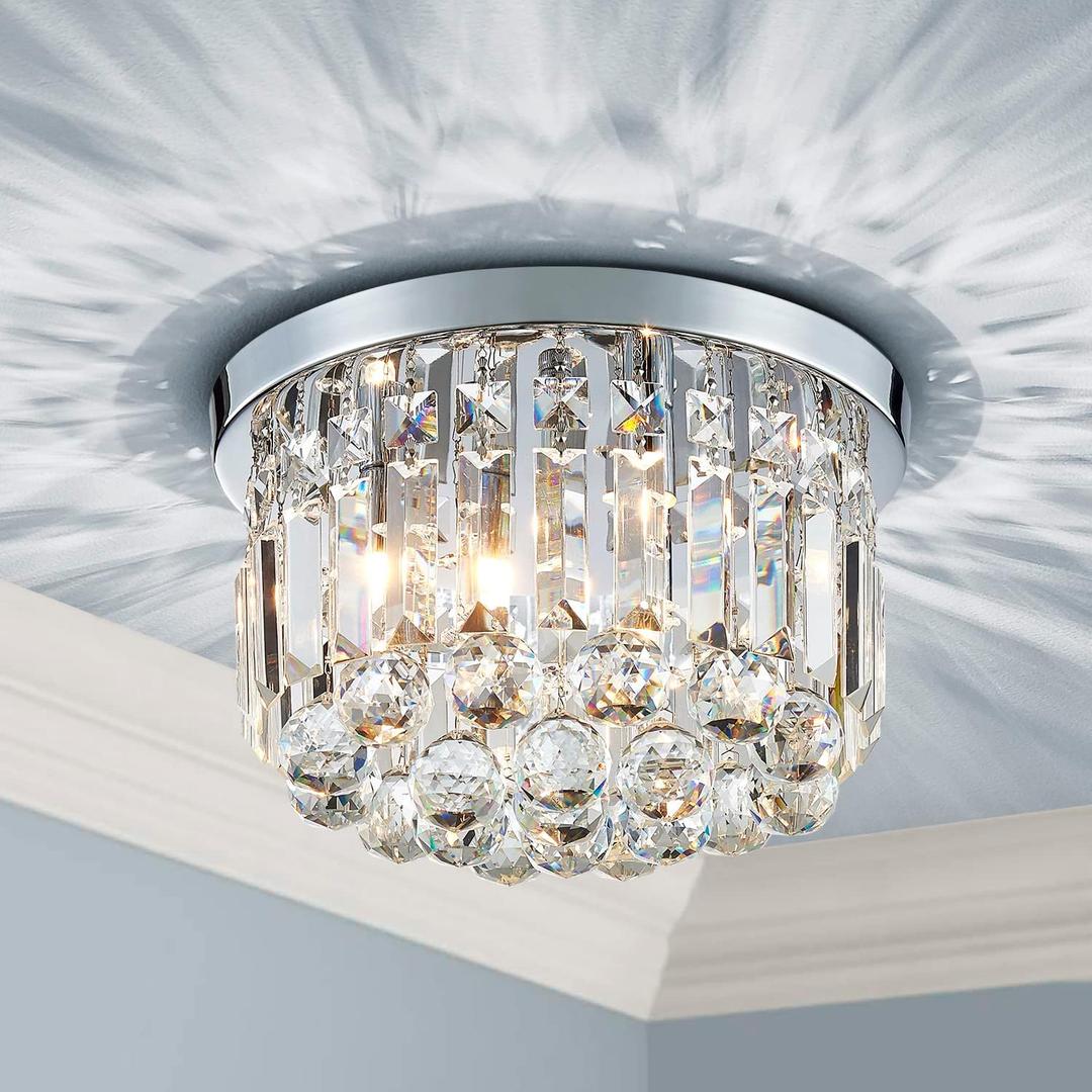 AGV LIGHTING 16061 K9 Crystal Flush Mount Ceiling Light Fixture, Close to Ceiling, Modern Design, 3-Lights, Perfect for Foyer, Living Room, D12 x H10, Chrome Finish (Silver)