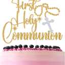 2 x Gold Glitter First Holy Communion Cake Topper, Rosary Cross My Baptism Decor, Religious Christening Baptism Baby Shower Party Decorations Supplies