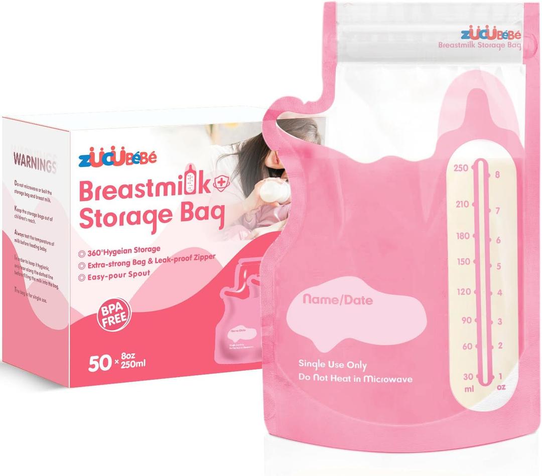 Breastmilk Storage Bags(50 Count)8oz Milk Storage Bags for BreastfeedingBPA Free with Easy Pour Spout, Self Standing, for Refrigeration and Freezing Red