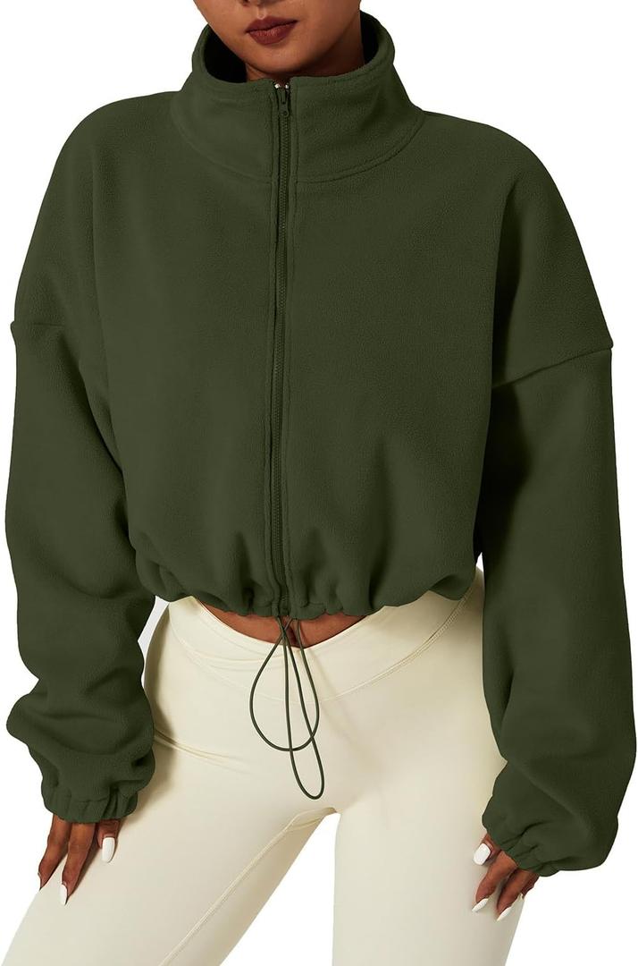 QINSEN Women's Full Zip Fleece Short Jacket Warm Winter Long Sleeve Stand Collar Sherpa Crop Coat (Large, Army Green)