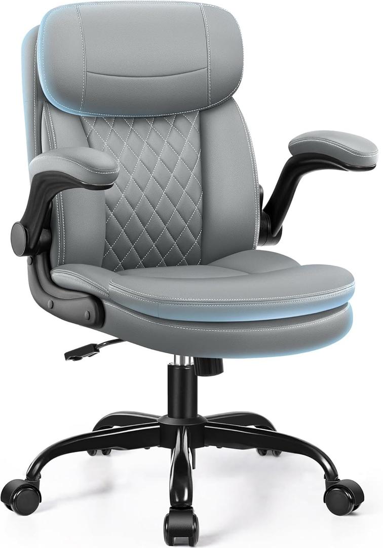 Leather Office Chair, Upgraded PU Computer Desk Chairs with Double-Layer Seat Cushion and Neckrest, 360Swivel, Ergonomic Small Gaming Chair with Wheels and Adjustable Armrests for Short People, Grey
