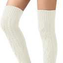 Bestjybt Women's Cable Knit Thigh High Socks Over the Knee Boot Socks Long Thick Winter Sweater Stockings Leg Warmers (White)