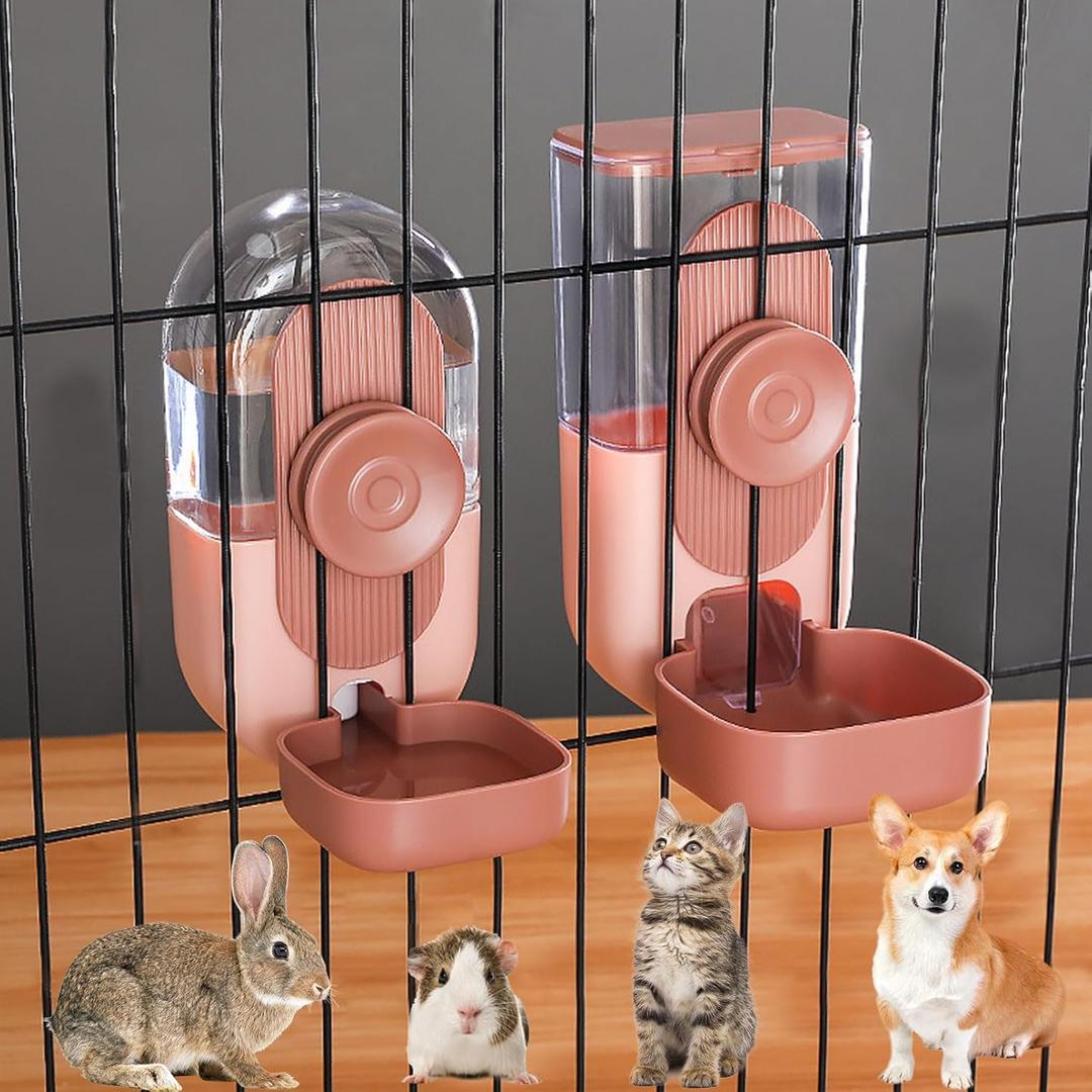 Hanging Automatic Pet Food Water Dispenser, 35oz Rabbit Feeder for Cage Gravity Feeder Siphon Waterer Set for Rabbit Chinchilla Hedgehog Ferret Cat Puppy (Pink)