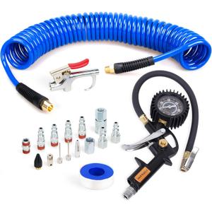 18 Pieces Air Compressor Accessories kit, 1/4 inch x 25 ft Recoil Poly Air Compressor Hose Kit, 1/4" NPT Quick Connect Air Fittings, 100 PSI Tire Inflator Gauge, Heavy Duty Blow Gun