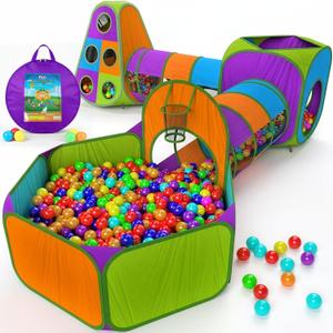 Playz 5-Piece Kids Pop up Play Tent Crawl Tunnel and Ball Pit with Basketball Hoop Playhouse for Boys, Girls, Babies, and Toddlers (Purple, Orange, Yellow, Red, Blue)