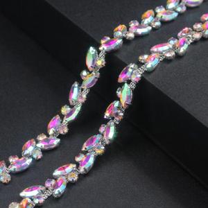 1 Yard Rhinestone Trim Chain Silver AB String Strips Crystal Applique Fringe Ribbon Beads Sewing for Dress DIY Party Wedding Bouquet Decoration Bridal Costume Embellishment