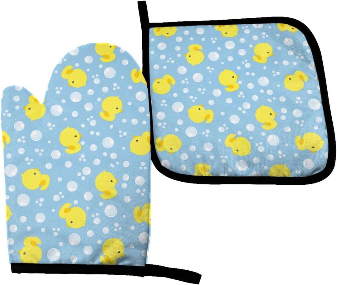 2 x Perinsto Cute Rubber Ducks Oven Mitts & Pot Holders Kitchen Set Heat Resistant Cartoon Duckling Decorative Cooking Gloves Microwave Oven Gloves for Baking Grilling BBQ (Set of 2)