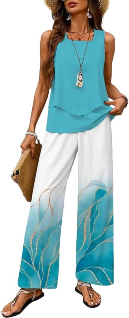 2 Piece Sets for Women Sleeveless Leaf Graphics Vest Top and Solid Color Wide Leg Long Pants Travel Outfits Lounge Set (Blue, M)