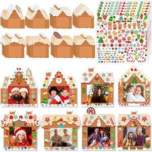Zhanmai 48 Sets Gingerbread House Picture Frame Bulk Christmas Craft Kits DIY Gingerbread Candy Craft with Self Adhesive Stickers for Christmas Tree Hanging Frame Ornaments Keepsake Party Decoration