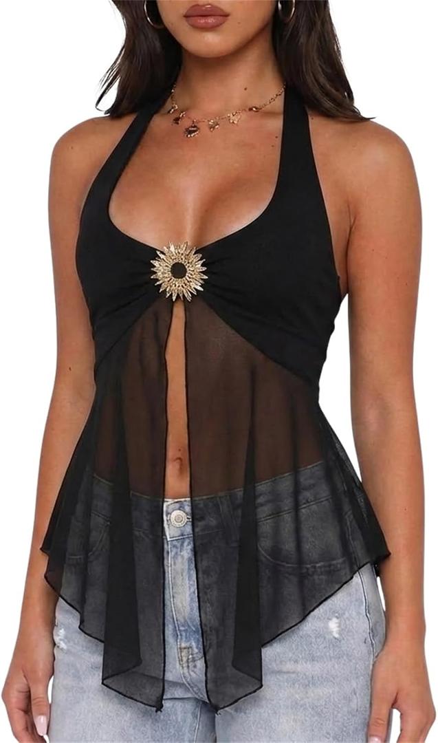 Usweetie Women Y2K Sexy Sheer Mesh Flowy Halter Top, Small