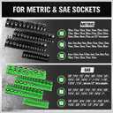 Magnetic Socket Organizer Holder Tool: 8PCS Set includes 2PCS 1/4", 4PCS 3/8", 2PCS 1/2" Drive Socket Storage Trays Toolboxs, Holding 199 Slots Soft Rubber Covering Black Green (sockets not included)