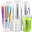 100PCS 16 oz Clear Plastic Cups with Lids and Colorful Straws, Round Bottom Disposable To Go Coffee Smoothie Juice Bubble Tea Cups, PET Party Cups for Holiday, Birthdays, Picnics, Christmas