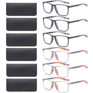 BLOEXCLU 6 Pack Reading Glasses for Men Sports Style Blue Light Blocking Readers with Spring Hinge Women Eyeglasses (3 Black & 3 Grey, 1.5, x)