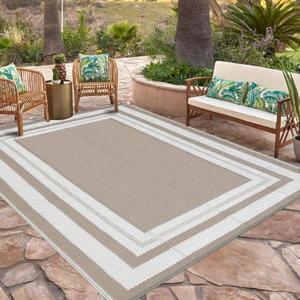 GarveeHome Outdoor Rug 9x12' Waterproof Patio Rug Reversible Plastic Straw Rug Camping Rug Modern Geometric Portable Foldable Large Rugs for RV Porch Balcony Picnic Beach Backyard Grey Beige Panel