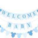 Hahafelt 1 Pcs Blue Gingham Welcome Baby Banner for Party Decorations Blue Pre Strung Baby Shower Gender Reveal Paper Banner for Table, Wall or Mantel Display Party Decor Supplies