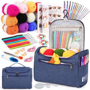 Aeelike Crochet Kit for Beginners Young and Old, First Crochet Kit for Adults Include 23pcs Crochet Hooks, 655 Yards Yarn Set for Crocheting, Instruction, Bag, Crochet Accessories and Supplies, Navy