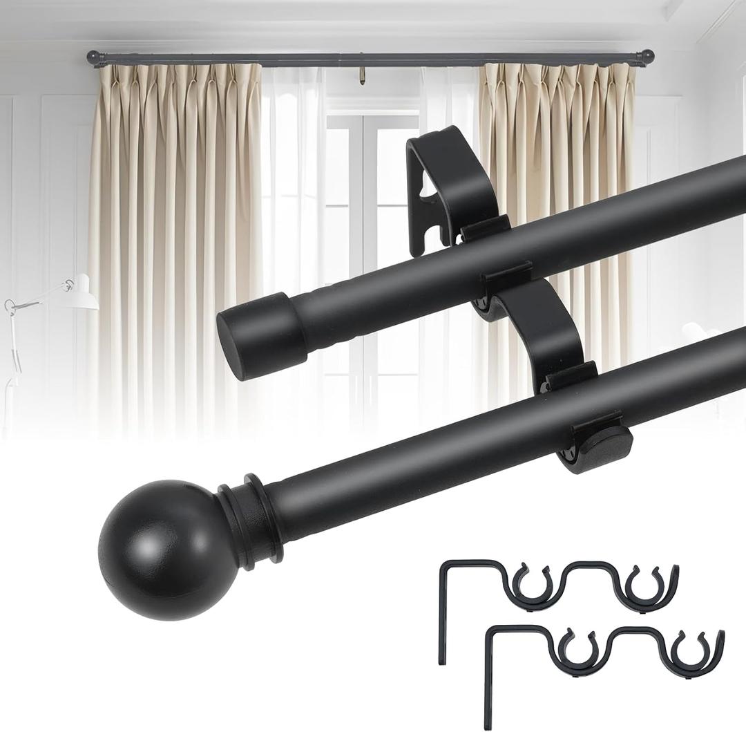 Black Double Window Curtain Rods 31 to 52 Inches, 5/8 Inch Diameter Dual Drapery Rod with Brackets, Splicing Double Blackout Curtain Rods for Bedroom,Patio,Sliding Glass Door