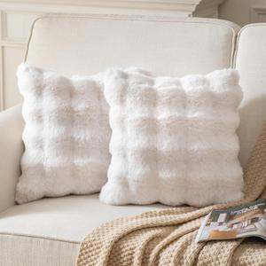 Pack of 2 Thick Plush Throw Pillow Covers Fluffy Wave Faux Fur Decorative Cushion Covers Soft Wool Pillowcase for Sofa Couch Livingroom 22x22 Inch White
