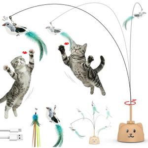 Interactive Cat Toys for Indoor Cats: Upgraded 360 Automatic Spin Flying Bird Feather Wand with Silicone Protected Rod Safe Play, Strong 8cm Suction Cup, USB-Rechargeable for Bored Kittens and Adult (Brown)