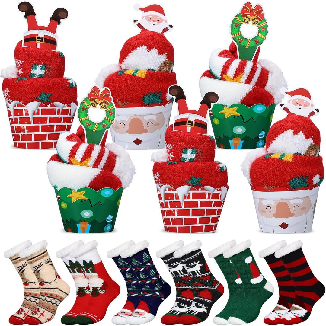 Chuarry 6 Pairs Christmas Socks with 6 Pcs Gift Boxes Winter Warm Fuzzy Fluffy Socks Soft Cozy Colorful Non Slip Slipper Socks Gift Box Set for Women Men Home Indoor Xmas Holiday Gift