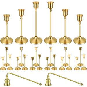 24PCS Brass Gold Taper Candle Holders Set, Vintage Metal Candlestick Holders Plus Candle Snuffer for Table Centerpiece,Wedding Reception,Festive Christmas Mantel Decoration