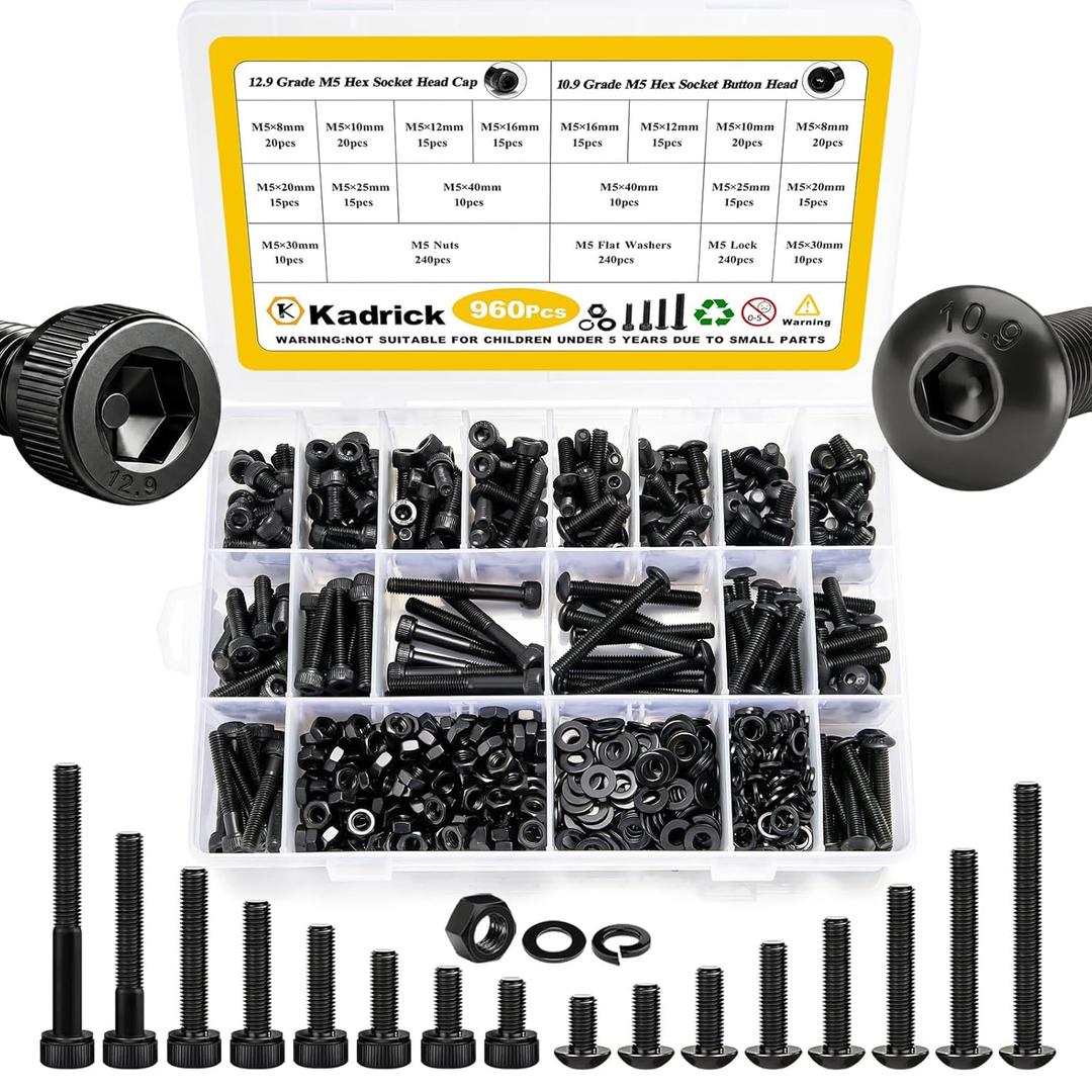 Kadrick Metric Screw Assortment, 960PCS M5 Screw Assortment Kit,M5 Bolts Nuts Washers, Grade 10.9 Alloy Steel Hex Socket Black Screws,Lenth Form 8MM-40MM