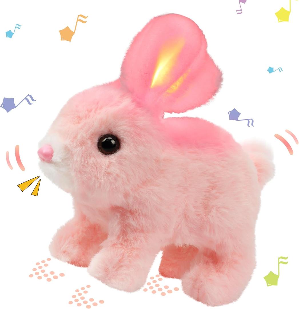 Hopearl Hopping Rabbit with LED Ears Interactive Electronic Pet Plush Bunny Toy with Sounds and Movements Animated Walking Wiggle Light up Ears Twitch Nose Gifts for Toddlers Birthday, Pink, 7''