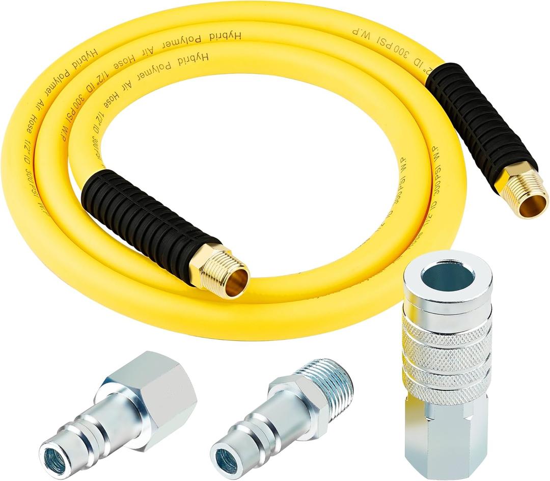 1/2 Inch x 6ft. Hybrid Air Hose with 1/2 in. MNPT Ends and Bend Restrictors, 3PCS 1/2 Air Coupler and Plug Kit, Air Compressor Hose Fittings and Accessories