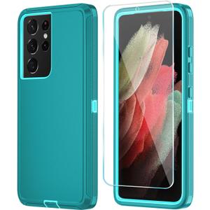 ONOLA Phone Case for Samsung Galaxy S21 Ultra Case with HD Screen Protector, Heavy Duty Shockproof & Dropproof 3-Layer Cover Phone Case for Galaxy S21 Ultra 6.8'',LakeBlueSkyBlue