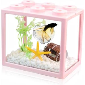 Small Betta Fish Tank, Stackable Mini Fish Tank Tiny Aquarium Tank Kit with Aquarium Gravel & Resin Decorations, 0.6 Gallon Cube Desktop Fishbowl for Snails, Crabs, Starfish (Pink)
