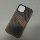 TENDLIN Compatible with iPhone 14 Case Wood Grain with Carbon Fiber Texture Design Leather Hybrid Slim Case (Three Stripe)