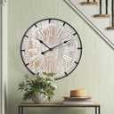 24 Inch Large Farmhouse Wall Clock, Rustic Antique Wood with Metal Circle and Large Engraved Numerals, Silent Battery Operated Wall Clock for Office Kitchen Bedroom Living Room (Brown)