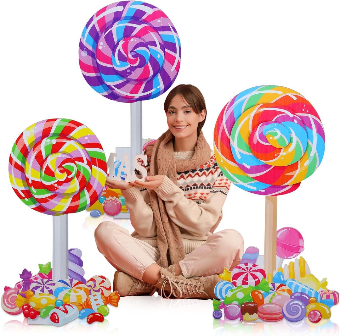 Chunful 3 Pcs 3-4.6ft Giant Candyland Cardboard Cutout Peppermint Lollipop Standup Large Christmas Candyland Party Decorations Backdrop Photo Prop Stand up Lifesize Swirl Pop Lollipop Cardboard Cutout