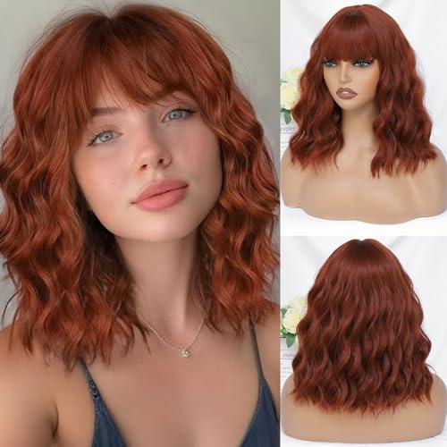 BEAUTIFA Auburn Wig with Bangs for Women 14 Inch Shoulder Length Short Bob Wavy Curly Auburn Wig Heat Resistant Synthetic Wigs