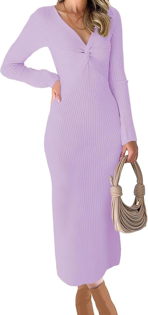 RAISECOM Womens Ribbed Knit Maxi Dresses Long Sleeve V Neck Casual Sweater Dress Bodycon Midi Dress (Purple), XL