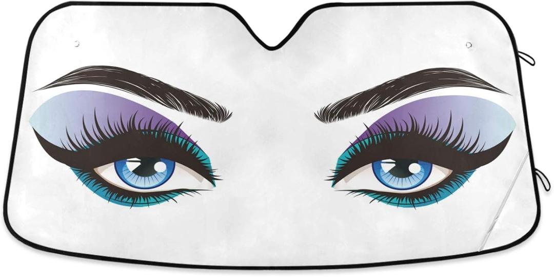 Women Eyes Makeup Blue Car Windshield Sun Shade Foldable UV Ray Sun Visor Protector Sunshade to Keep Your Vehicle Cool (55" x 27.6") (Multi Pattern 30)