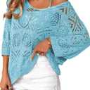 Beautiful Nomad Women's Summer Crochet Pullover Sweater Hollow Out 3/4 Sleeve Off Shoulder Boho Cover Up Tops Light Blue (Blue, L)