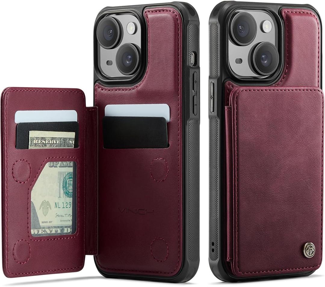 Vinich for iPhone 13 Wallet Case with Card Holder, RFID Blocking Credit Slots Kickstand Shockproof Phone Cover Fit for iPhone 13 6.1" Burgundy