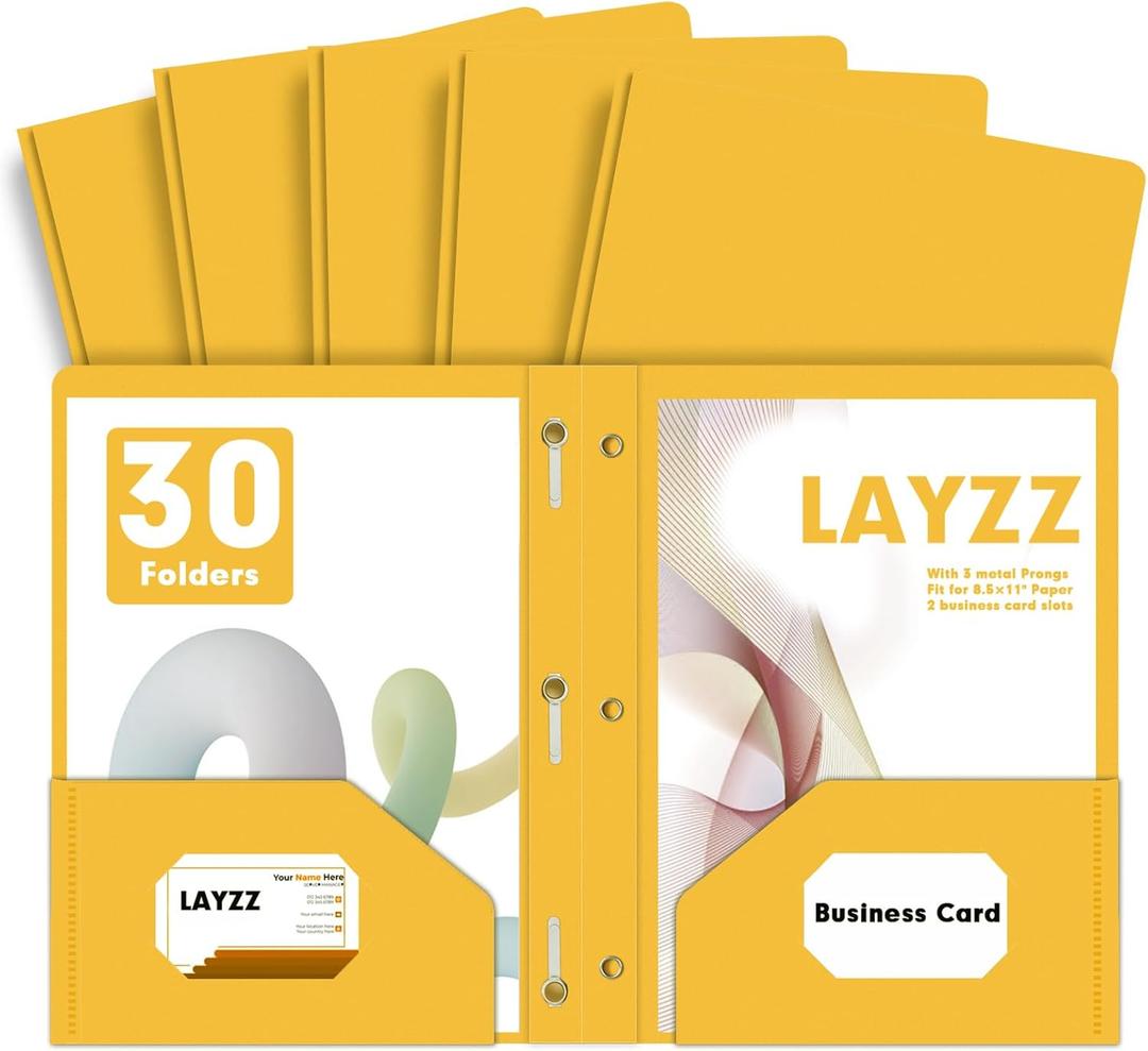 Plastic 2 Pocket Folders with Prongs, 30 Pack, Heavyweight, Letter Size Poly Folders with 3 Metal Prongs Fastener Clips (Yellow)