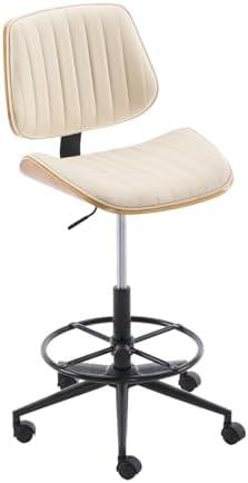 Deenziilix Drafting Chair for Standing Desk, Armless Tall Office Chair with Bentwood Backrest, Adjustable Height, Footrest Ring and Swivel Seat, PU Leather (Ivory)