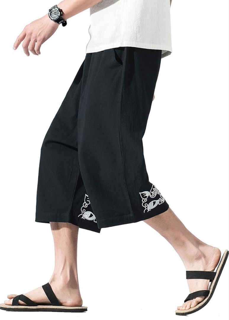 DOSLAVIDA Men's Linen Harem Capri Pants Loose Fit Yoga Beach Shorts Elastic Waist Wide Leg Baggy Cropped Trousers S
