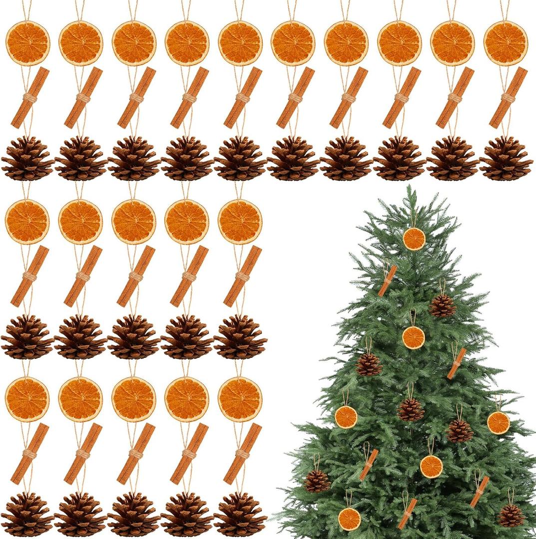 60 Set Christmas Tree Decorations Natural Pine Cones Dried Orange Slices Cinnamon Sticks Hanging Ornaments DIY Handmade Crafts with Hemp Rope and Plastic Needle for Fireplace Wall Xmas Tree Decor