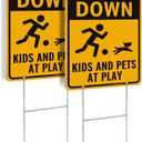 2 Pack Slow Down Metal Sign, Kids and Pets at Play Sign with H-stakes, 14"10" Reflective Aluminum, Fade Resistant/Waterproof, Including Screws, Easy to Install, Outdoor Use